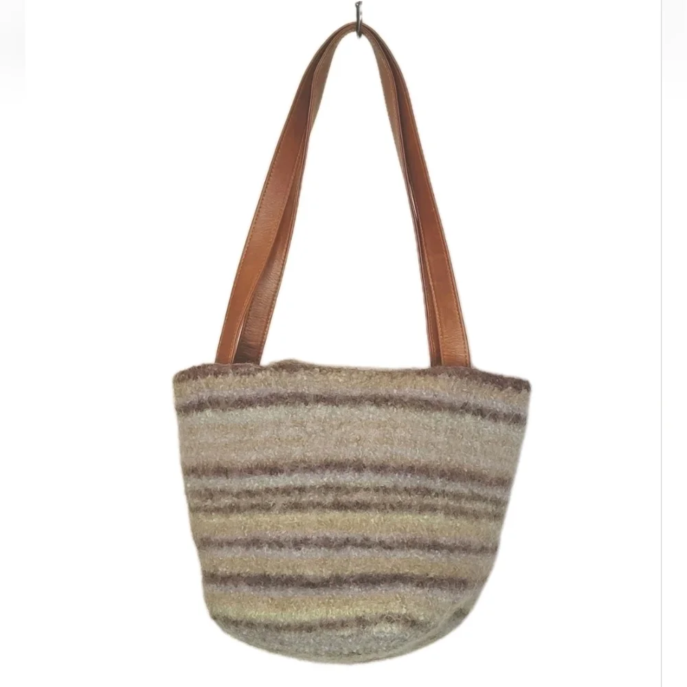 Artisan Handmade Fuzzy Wool Buckle Bag Purse Striped Glass Button Fold Over Top